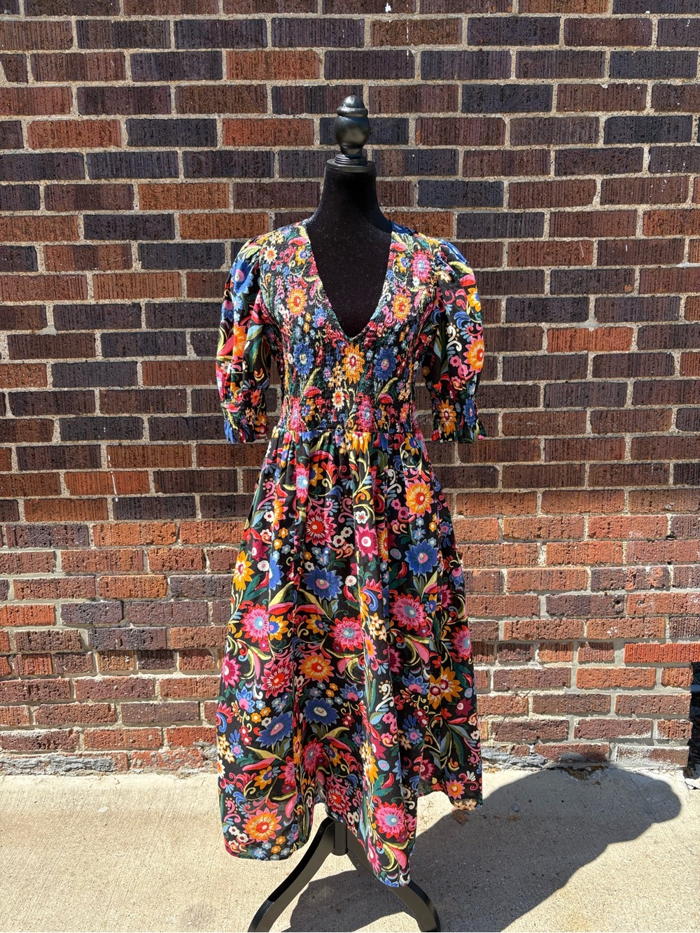 Boden Black Floral Smocked V-Neck Midi Dress